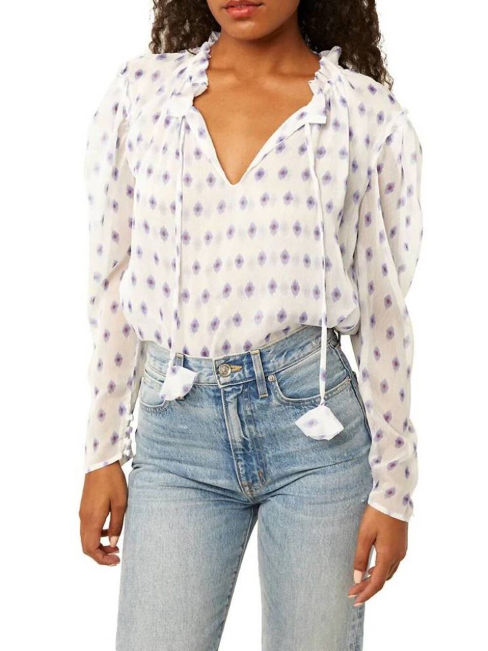 MISA LOS ANGELES Leta Evil Eye Printed sheer chiffon white top XS